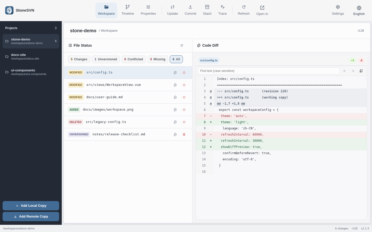 StoneSVN workspace: projects on the left, changed files in the center, and text diffs on the right